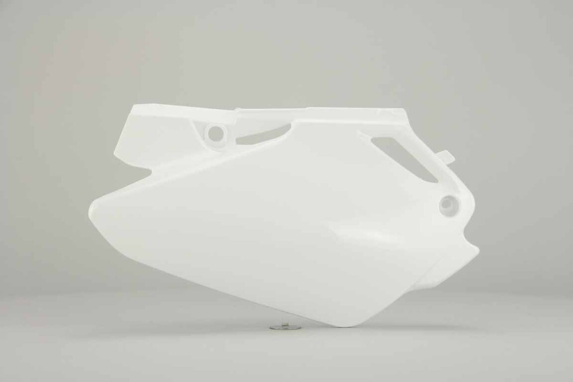 Right Side Polisport White Side Number Plates replacement plastics for 03-07 Honda CR85 dirt bikes.