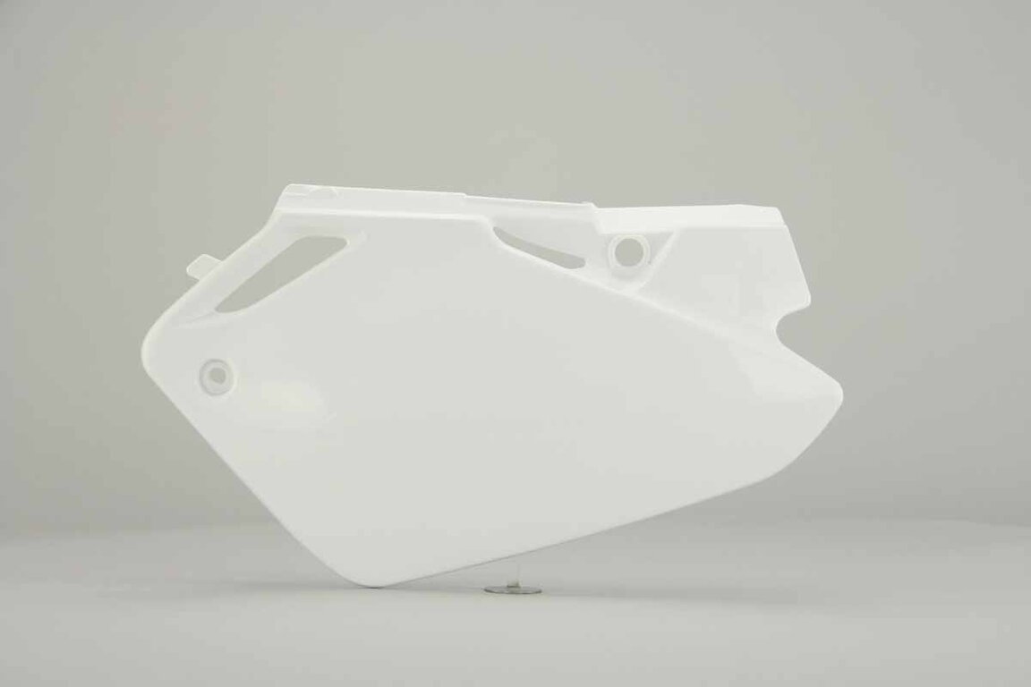 Left Side Polisport White Side Number Plates replacement plastics for 03-07 Honda CR85 dirt bikes.