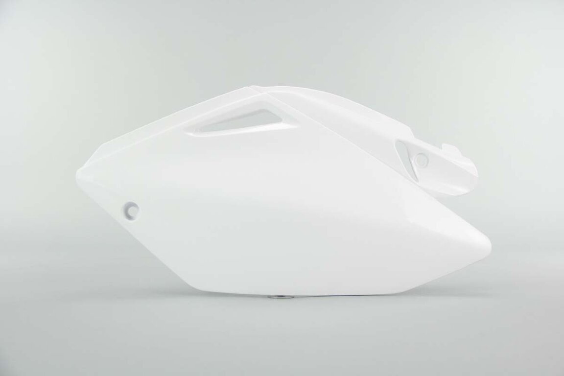 Left Side UFO White Side Number Plates replacement plastics for 04-05 Honda CRF250 dirt bikes.