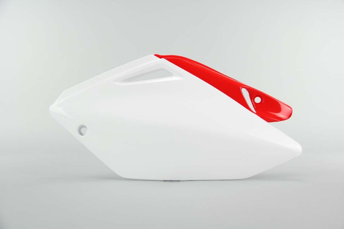 Left Side Polisport White / Red Side Number Plates replacement plastics for 04-05 Honda CRF250 dirt bikes.