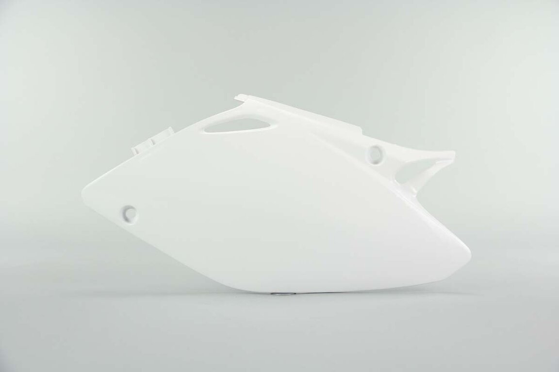 Left Side Polisport White Side Number Plates replacement plastics for 02-04 Honda CRF450 dirt bikes.