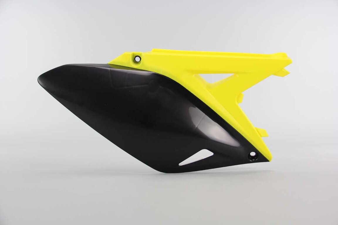 Right Side Polisport Black / Yellow Side Number Plates replacement plastics for 10-18 Suzuki RMZ250 dirt bikes.