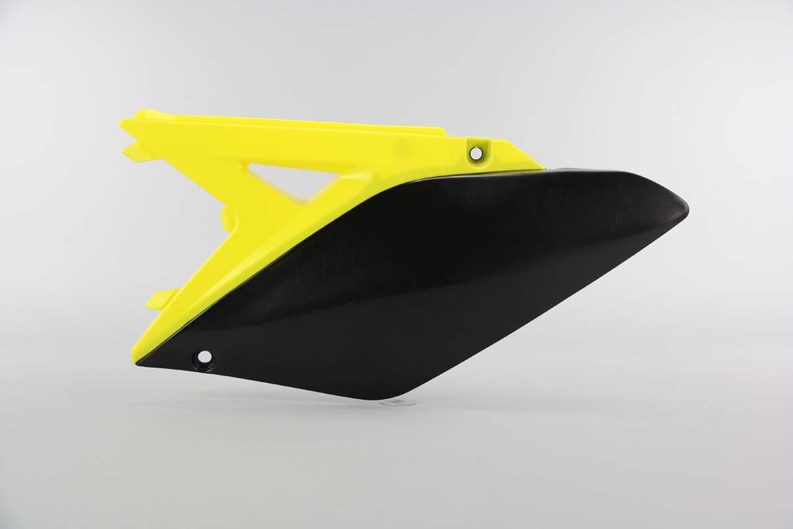 Left Side Polisport Black / Yellow Side Number Plates replacement plastics for 10-18 Suzuki RMZ250 dirt bikes.