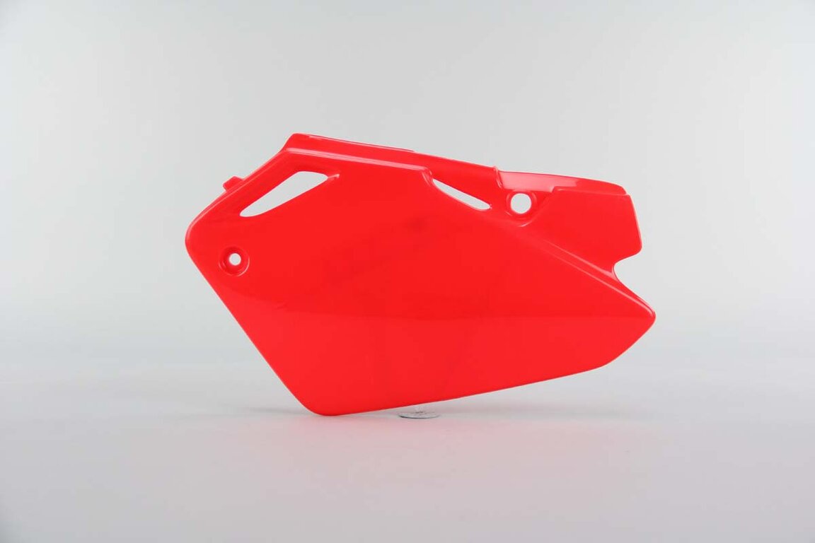 Left Side UFO Red Side Number Plates replacement plastics for 03-07 Honda CR85 dirt bikes.