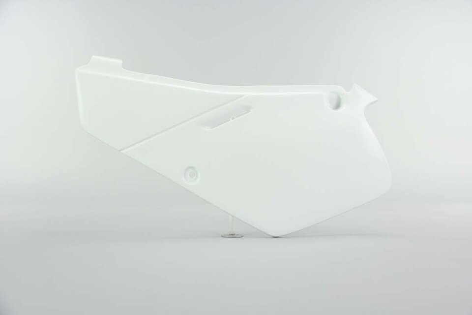 Left Side UFO White Side Number Plates replacement plastics for 86-99 Suzuki RM80 dirt bikes.