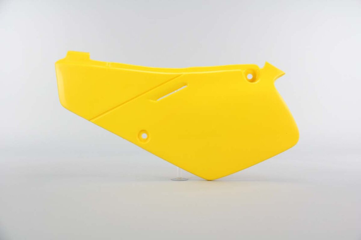 Left Side UFO Yellow Side Number Plates replacement plastics for 86-99 Suzuki RM80 dirt bikes.