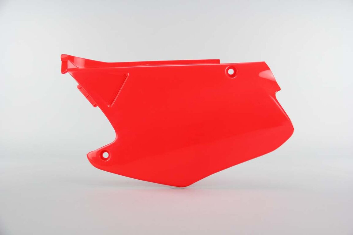 Left Side UFO Red Side Number Plates replacement plastics for 00-01 Honda CR125, CR250 dirt bikes.