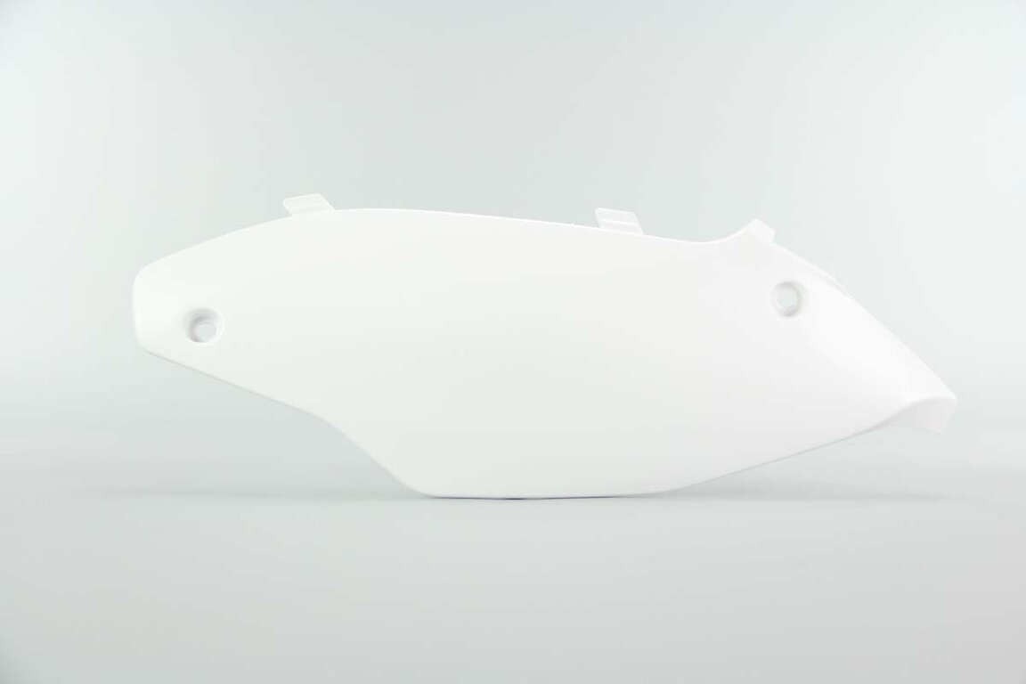 Left Side Polisport White Side Number Plates replacement plastics for 12-16 Kawasaki KX250F, KX450F dirt bikes.