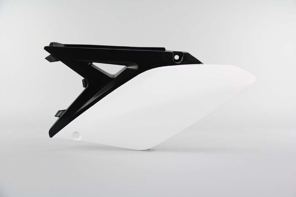 Left Side Polisport White / Black Side Number Plates replacement plastics for 10-18 Suzuki RMZ250 dirt bikes.