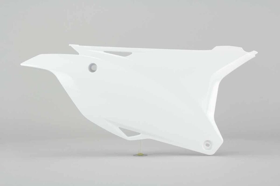 Right Side Polisport White Side Number Plates replacement plastics for 14-25 Kawasaki KX100, KX112, KX85 dirt bikes.