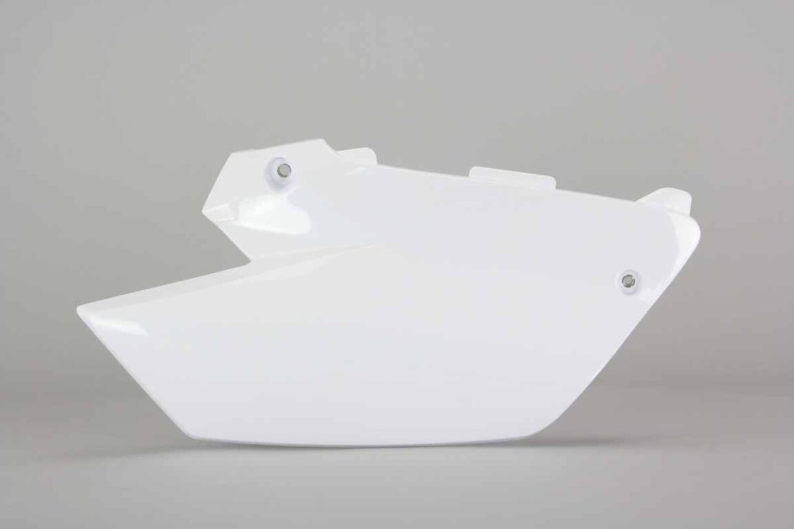 Right Side UFO White UFO Restyled UFO Restyled Side Number Plates replacement plastics for 02-14 Yamaha YZ125, YZ250 dirt bikes.