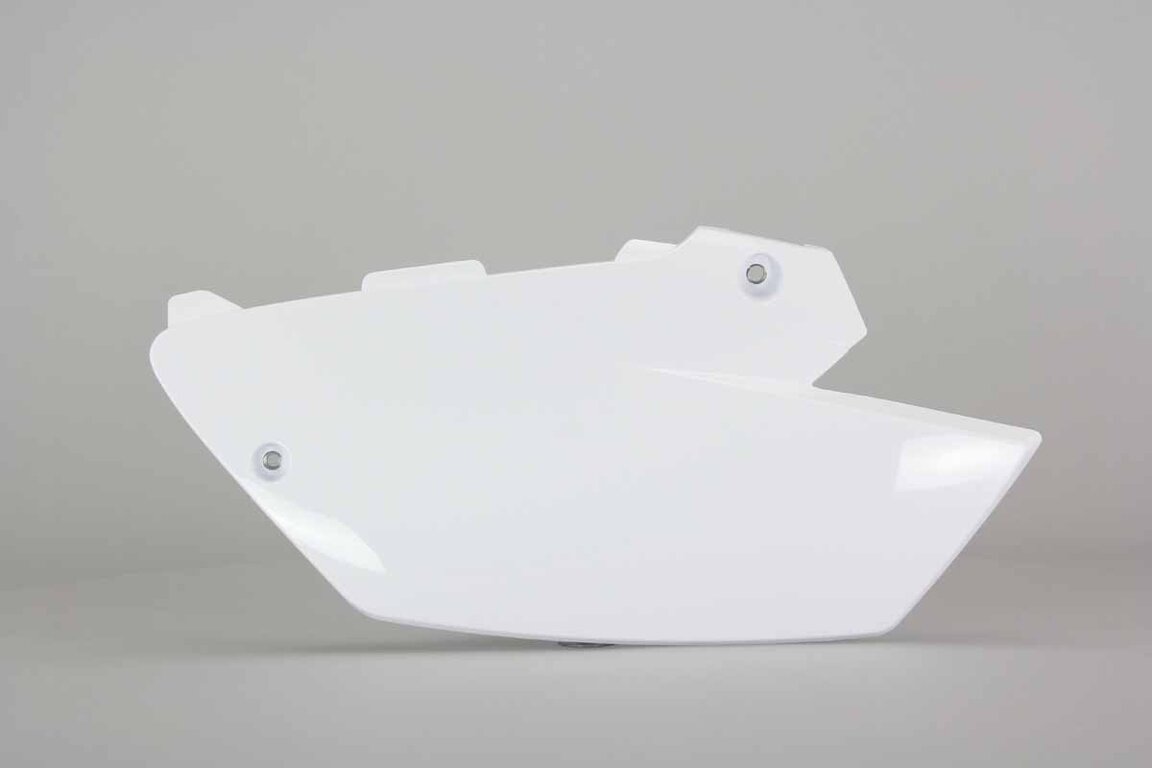 Left Side UFO White UFO Restyled Side Number Plates replacement plastics for 02-14 Yamaha YZ125, YZ250 dirt bikes.