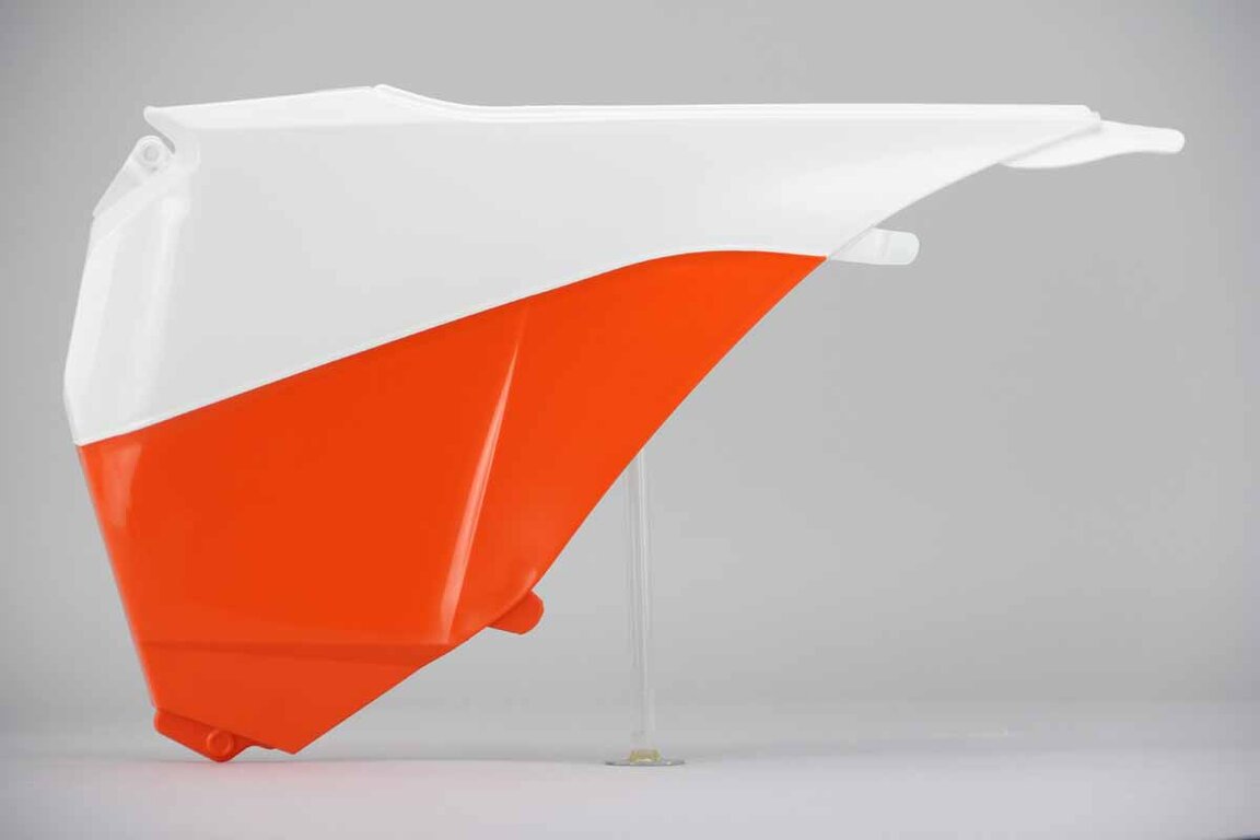 Left Side Polisport Orange / White Airbox Covers replacement plastics for 12-16 KTM SX, SXF, XC, XCF dirt bikes.