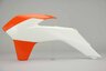 Left Side Polisport White / Orange Radiator Shroud Set replacement plastics for 12-16 KTM EXC, EXCF, SX, SXF, XC, XCF, XCW dirt bikes.