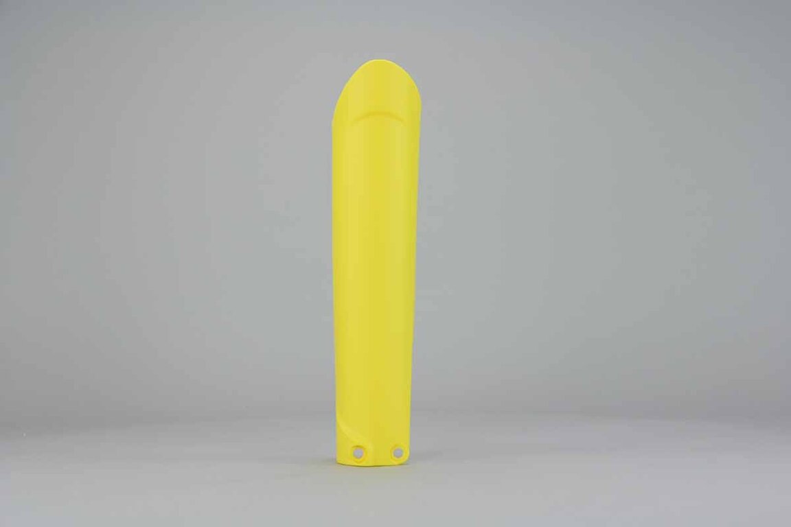 Right Side Polisport Yellow Lower Fork Guards replacement plastics for 08-25 GasGas, Husqvarna, KTM, Sherco EC, EX, EXF, MC, MCF, FC, TC, EXC, EXCF, SMR, SX, SXF, XC, XCF, XCW, SC, SE, SE-R, SCF, SEF, SEF-R dirt bikes.