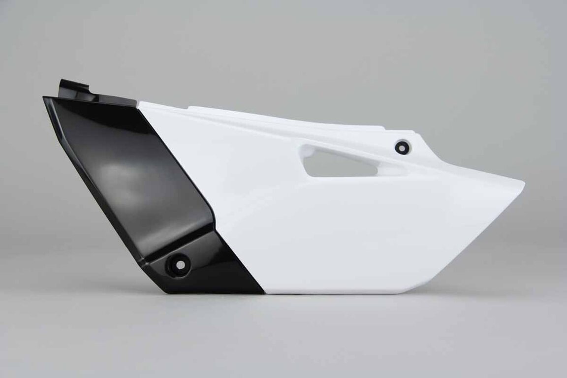 Left Side Polisport White / Black Side Number Plates replacement plastics for 15-21 Yamaha YZ85 dirt bikes.