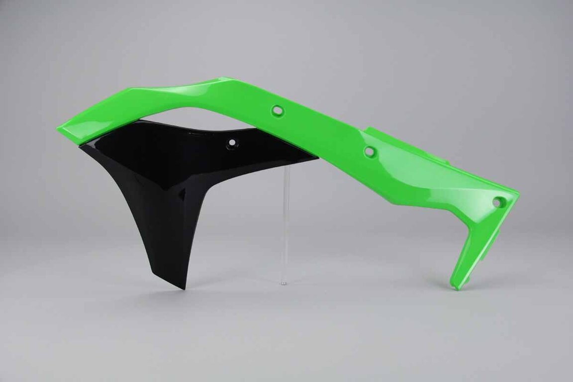 Left Side UFO Green / Black Radiator Shroud Set replacement plastics for 17-20 Kawasaki KX250F dirt bikes.