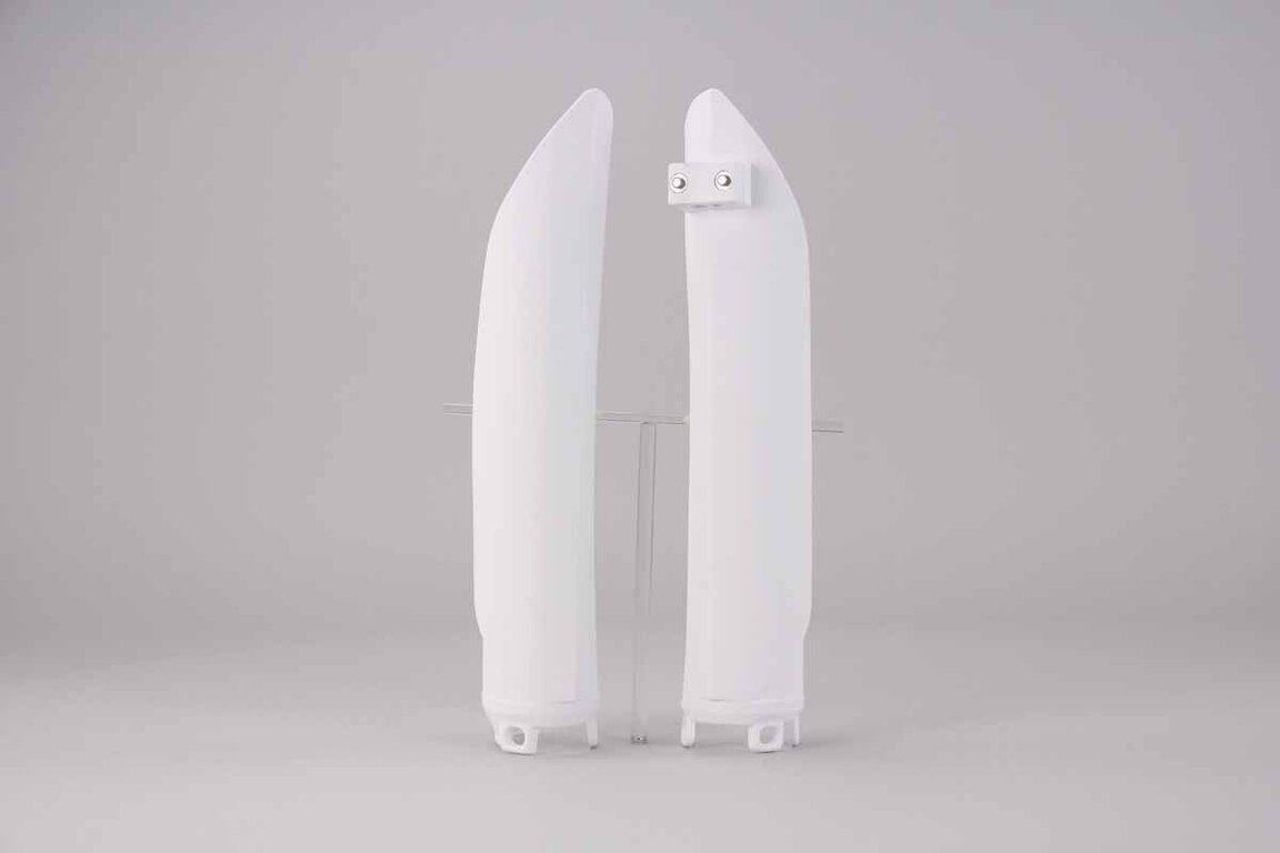 Polisport White Lower Fork Guards replacement plastics for 13-19 Beta RR dirt bikes 360 view