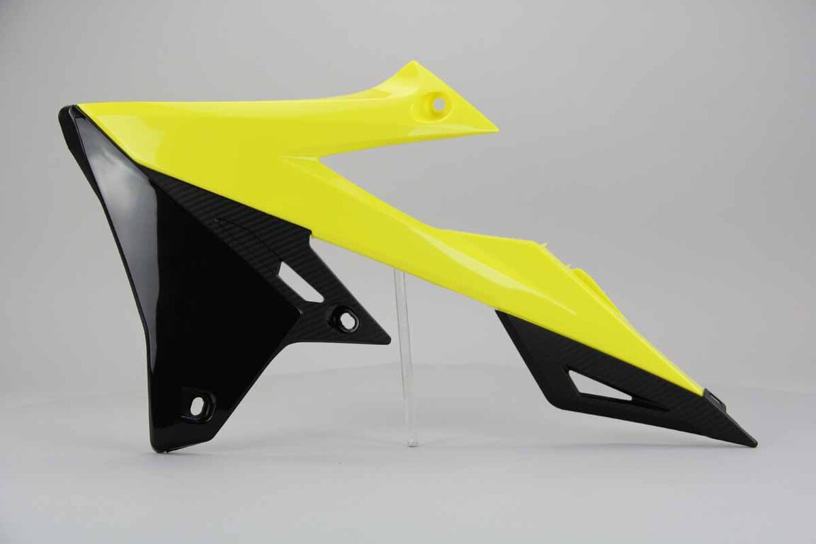 Left Side Polisport Yellow Radiator Shroud Set replacement plastics for 18-25 Suzuki RMZ250, RMZ450 dirt bikes.