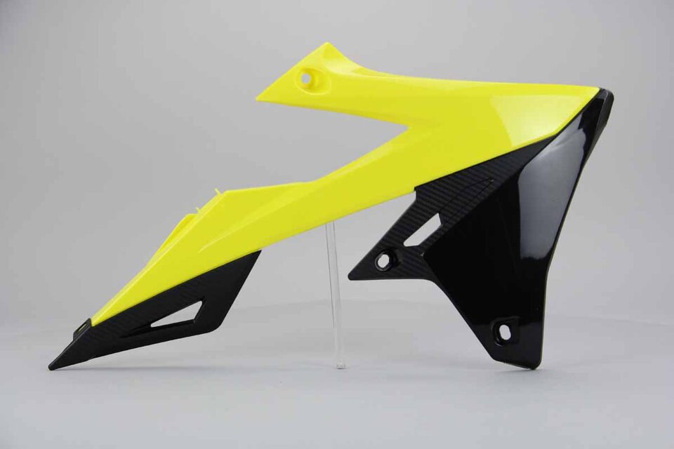 Right Side Polisport Yellow Radiator Shroud Set replacement plastics for 18-25 Suzuki RMZ250, RMZ450 dirt bikes.