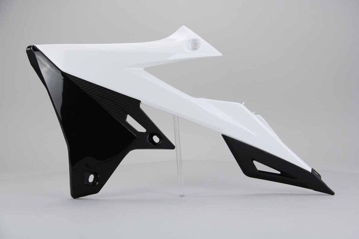 Left Side Polisport White Radiator Shroud Set replacement plastics for 18-25 Suzuki RMZ250, RMZ450 dirt bikes.