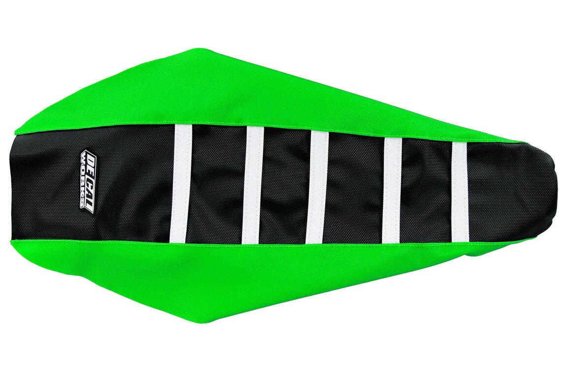 DeCal Works Black / Green / White Gripper Ribbed Seat Covers for 12-16 Kawasaki KX250F, KX450F