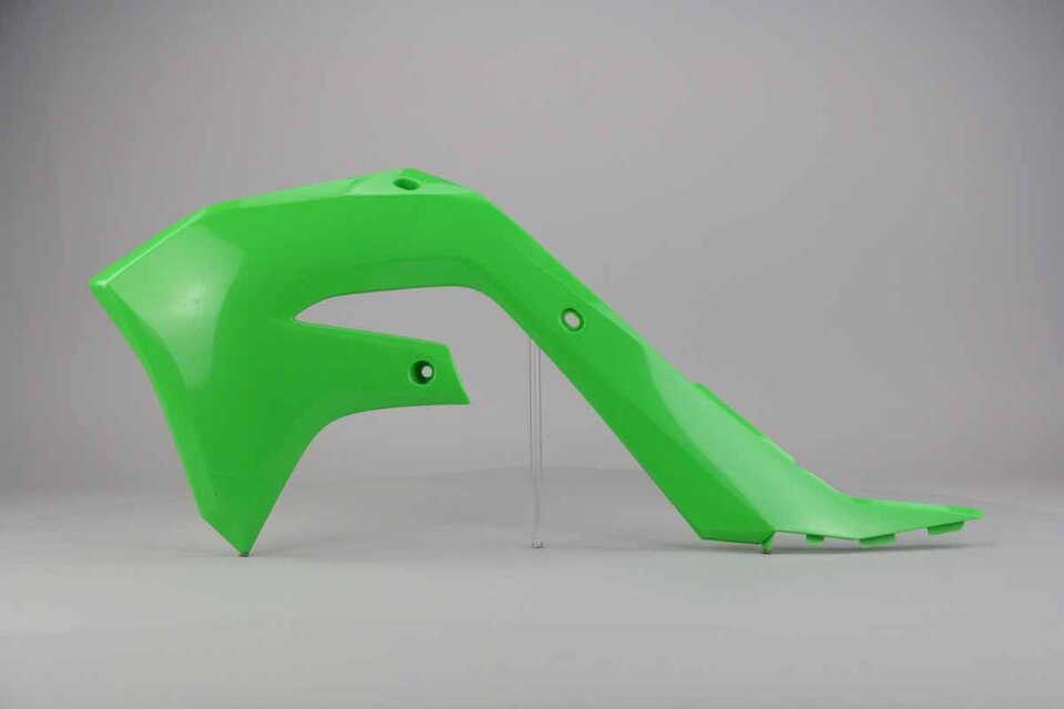 Left Side UFO Green Radiator Shroud Set replacement plastics for 19-24 Kawasaki KX250F, KX450F dirt bikes.