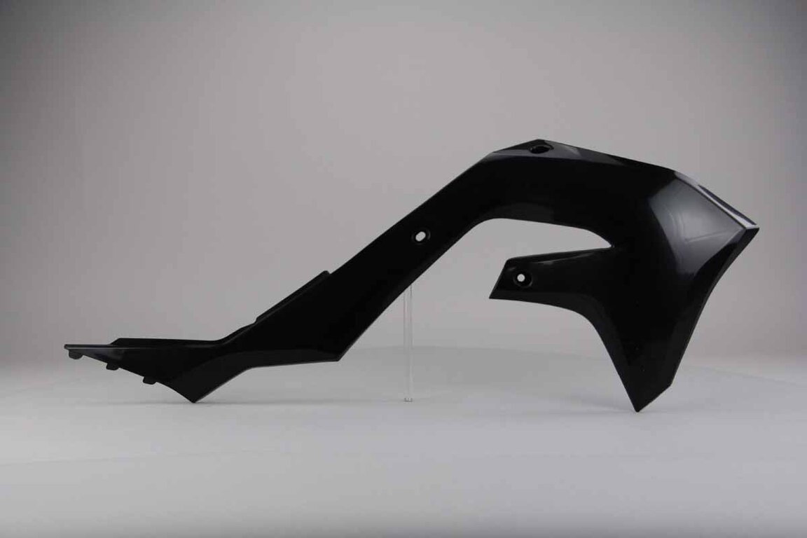 Right Side UFO Black Radiator Shroud Set replacement plastics for 19-24 Kawasaki KX250F, KX450F dirt bikes.