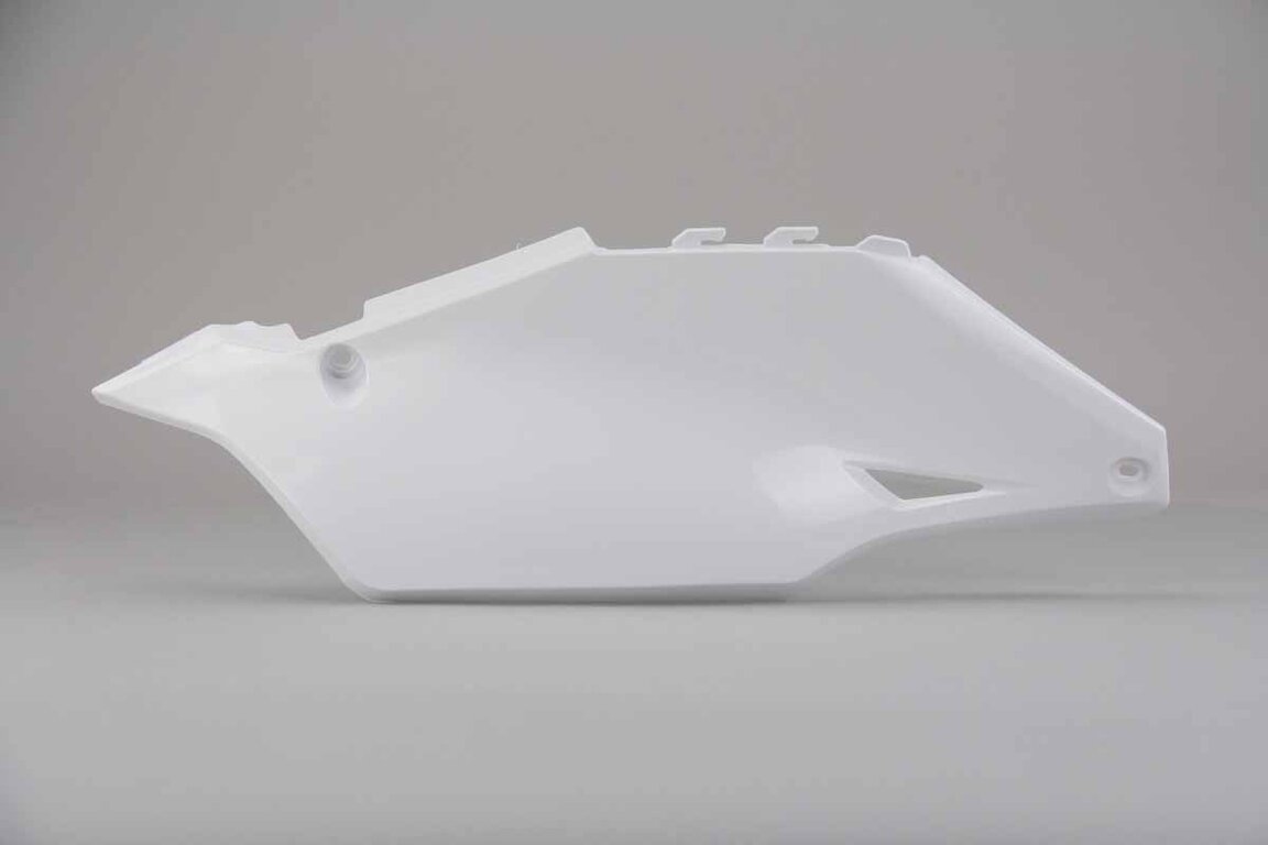 Right Side Polisport White Side Number Plates replacement plastics for 19-24 Kawasaki KX250F, KX450F dirt bikes.