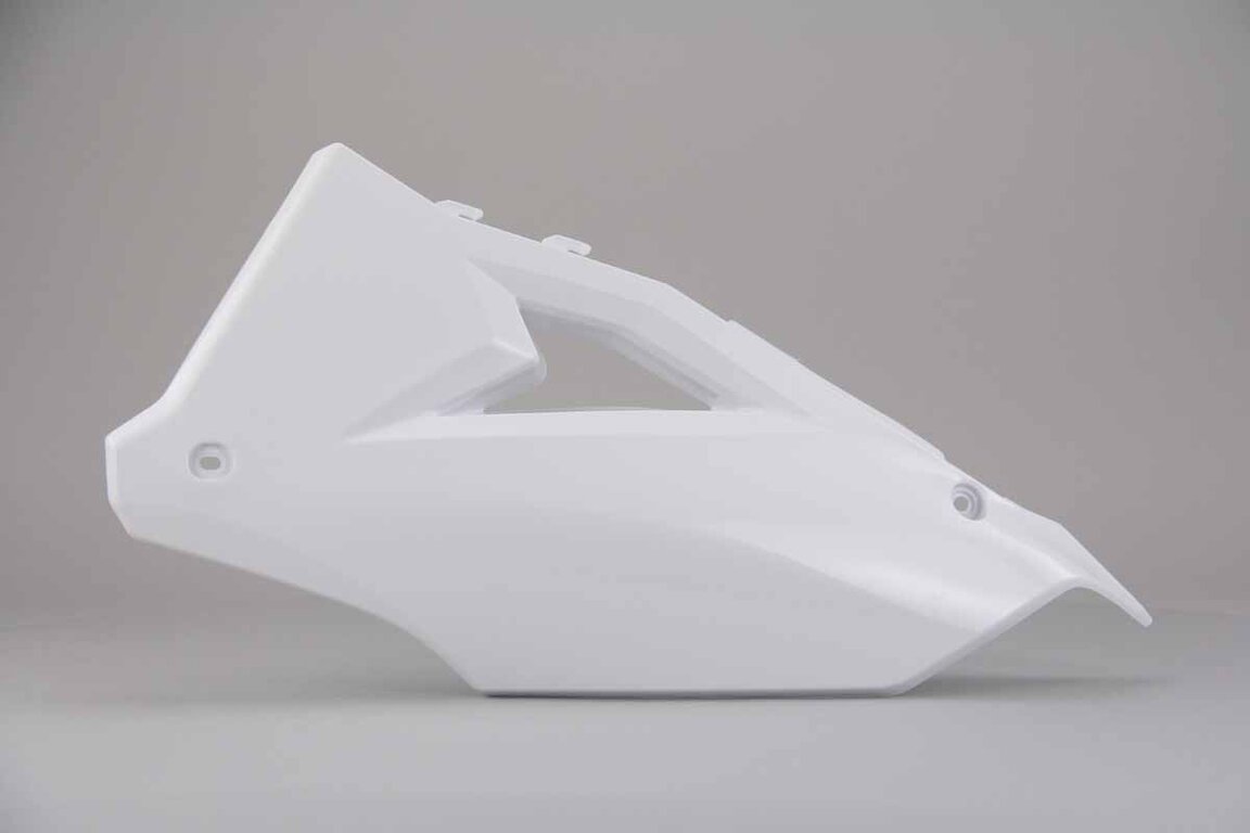 Left Side Polisport White Side Number Plates replacement plastics for 19-24 Kawasaki KX250F, KX450F dirt bikes.