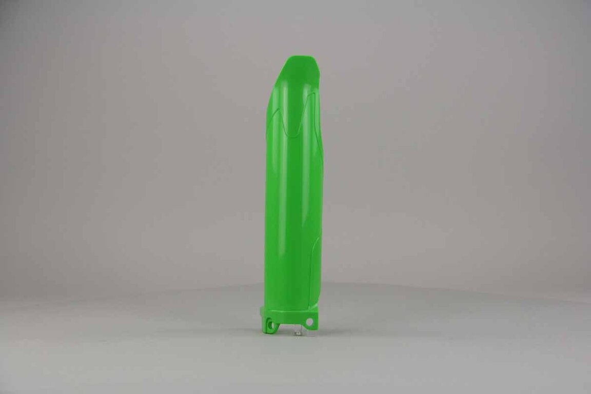 Right Side Polisport Green Lower Fork Guards replacement plastics for 09-25 Kawasaki KLX, KX250F, KX450F dirt bikes.