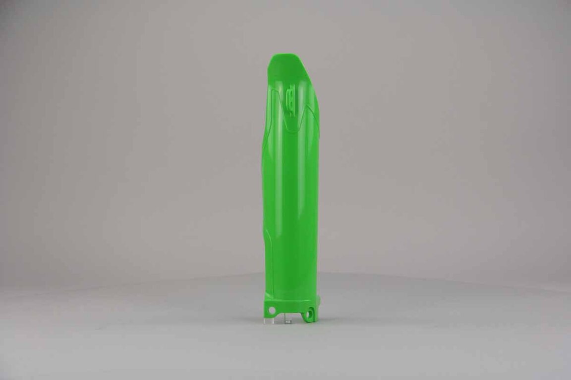 Left Side Polisport Green Lower Fork Guards replacement plastics for 09-25 Kawasaki KLX, KX250F, KX450F dirt bikes.