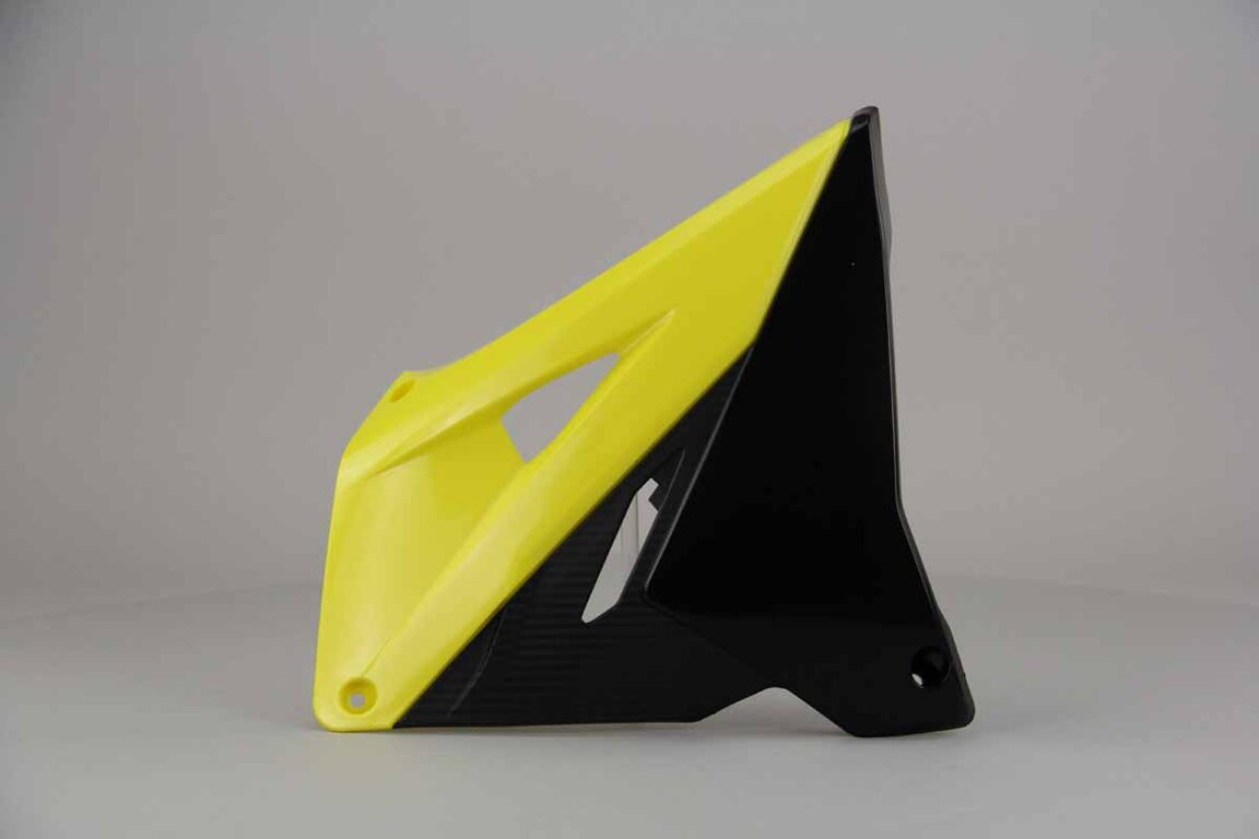 Right Side Polisport Yellow / Black Restyled Rad Shroud Set replacement plastics for 01-08 Suzuki RM125, RM250 dirt bikes.