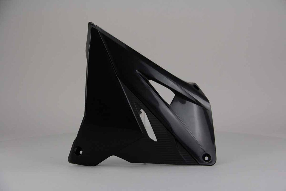 Left Side Polisport Black Restyled Rad Shroud Set replacement plastics for 01-08 Suzuki RM125, RM250 dirt bikes.