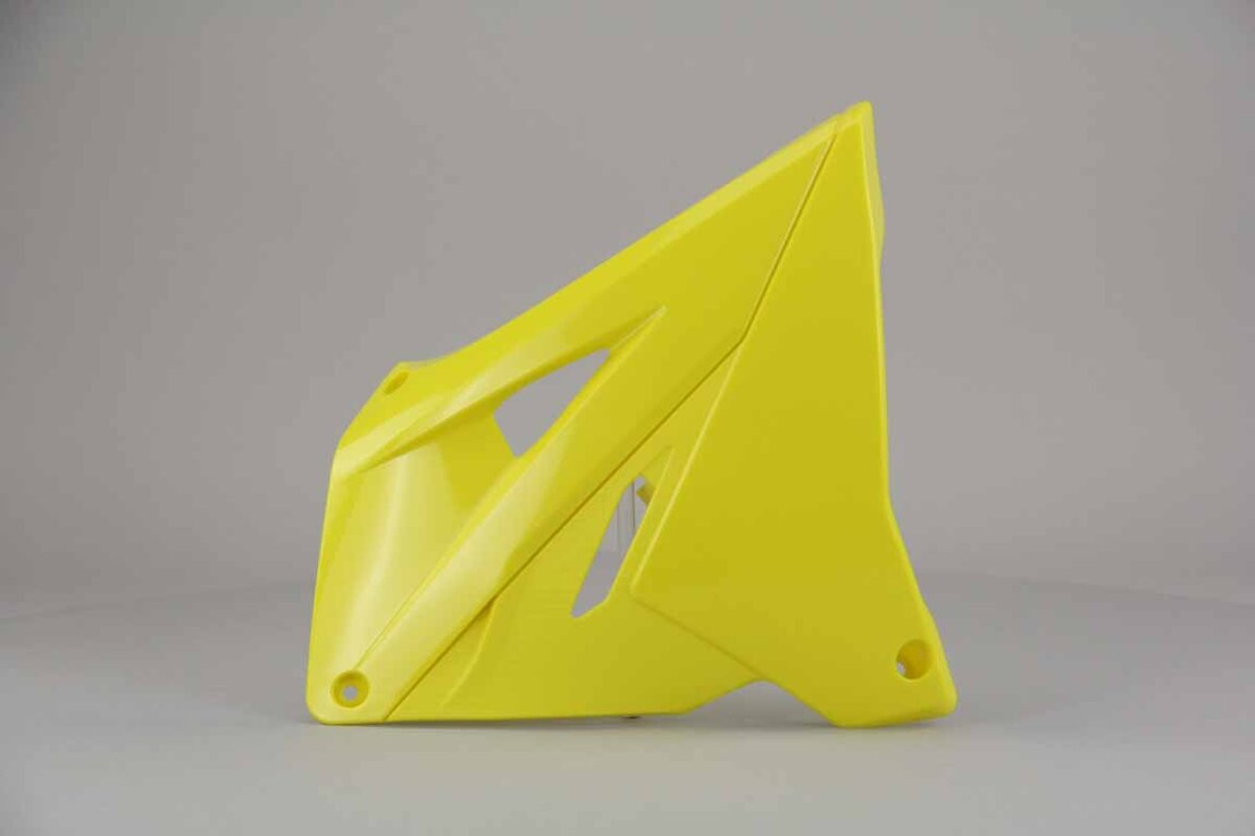 Right Side Polisport Yellow Restyled Rad Shroud Set replacement plastics for 01-08 Suzuki RM125, RM250 dirt bikes.