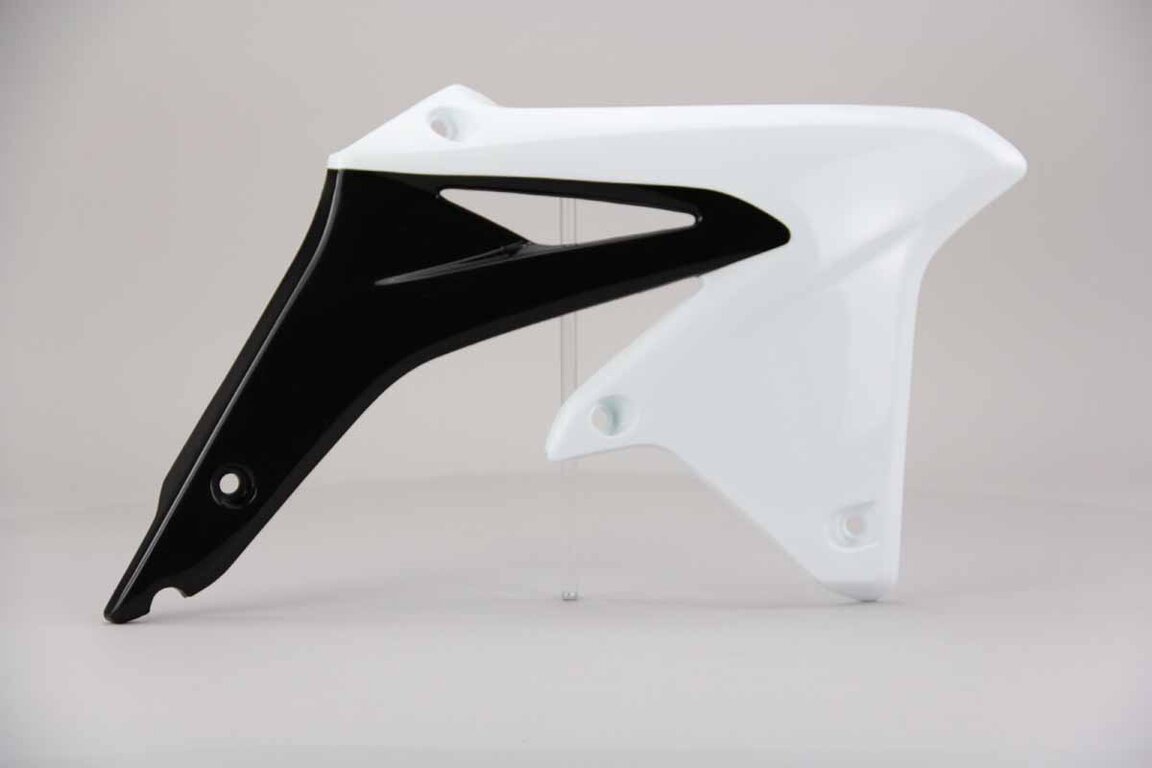 Right Side UFO White / Black Radiator Shroud Set replacement plastics for 08-17 Suzuki RMZ450 dirt bikes.