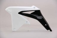 Left Side UFO White / Black Radiator Shroud Set replacement plastics for 08-17 Suzuki RMZ450 dirt bikes.