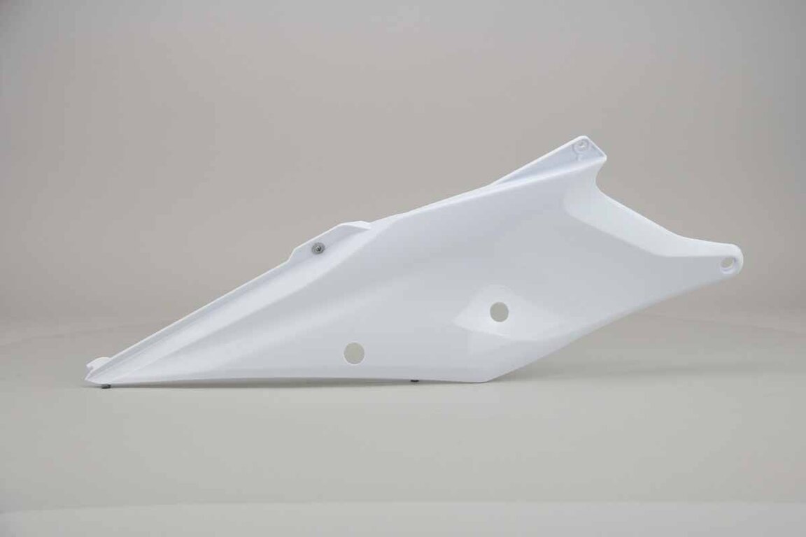 Right Side UFO Ceramic White Side Number Plates replacement plastics for 18-23 KTM EXC, EXCF, SMR, SX, SXF, XC, XCF, XCW dirt bikes.