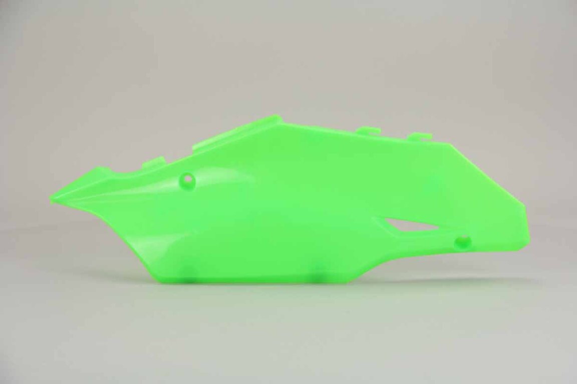 Left Side Polisport Flo Lime Green Restyled Side Number Plates replacement plastics for 03-07 Kawasaki KX dirt bikes.