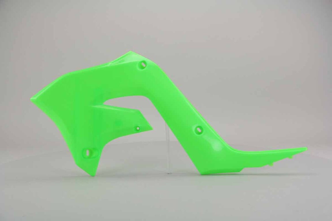 Left Side Polisport Flo Lime Green Restyled Radiator Shroud Set replacement plastics for 03-07 Kawasaki KX dirt bikes.