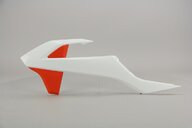 Left Side UFO White / Orange Radiator Shroud Set replacement plastics for 18-24 KTM SX85 dirt bikes.