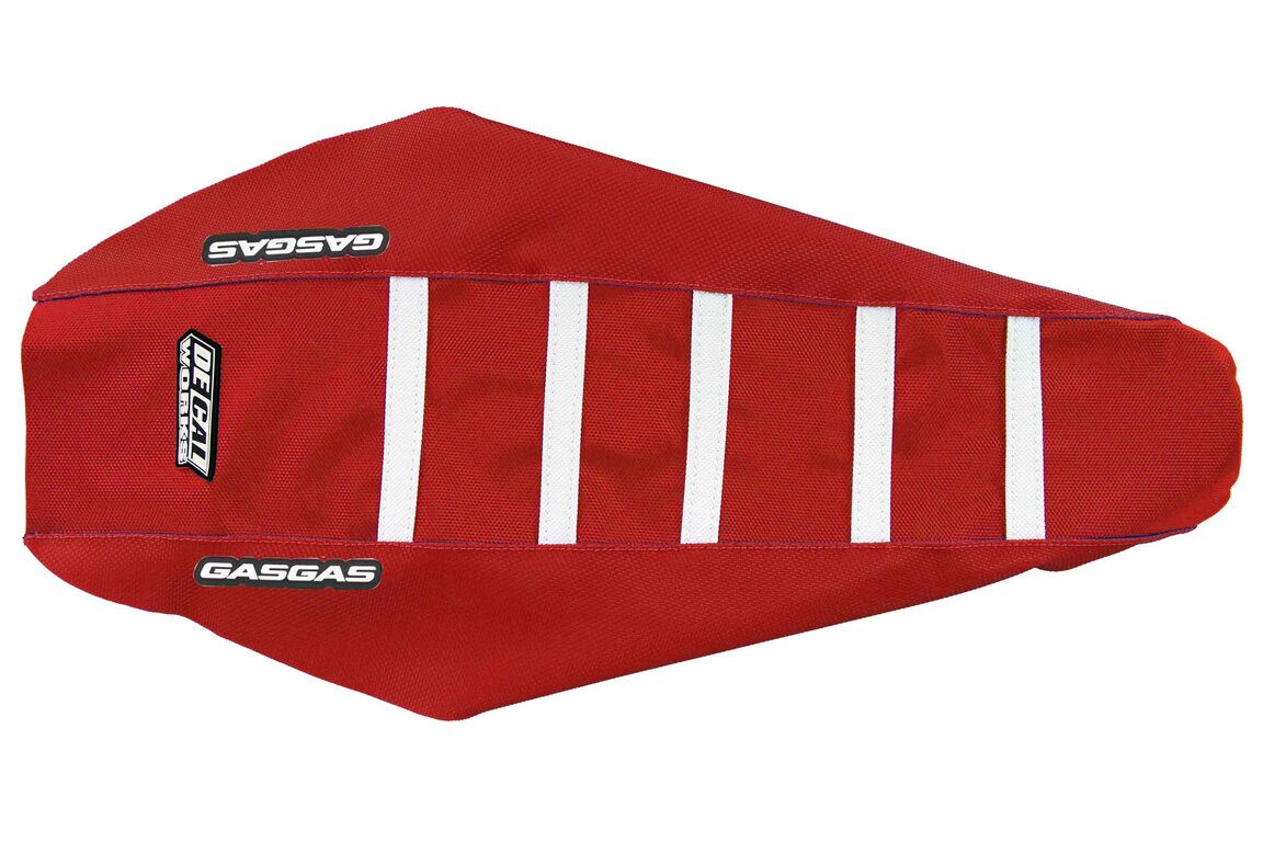 DeCal Works GG Red GG Red White with GasGas logo Gripper Ribbed Seat Covers for 23-25 GasGas EC-F, EC, ES, EW-F, EX, EXF, MC, MCF