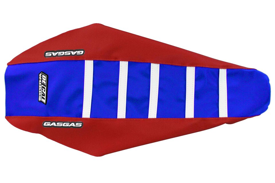 DeCal Works Red Blue White with GasGas logo Gripper Ribbed Seat Covers for 21-23 GasGas EC, EX, EXF, MC, MCF dirt bikes