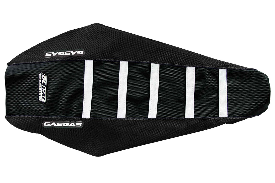 DeCal Works Black Black White with GasGas logo Gripper Ribbed Seat Covers for 21-23 GasGas EC, EX, EXF, MC, MCF