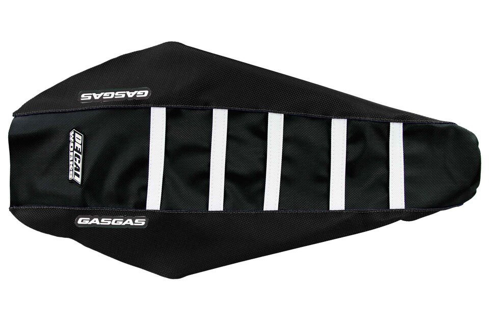 DeCal Works Black Black White with GasGas logo Gripper Ribbed Seat Covers for 21-23 GasGas EC, EX, EXF, MC, MCF dirt bikes