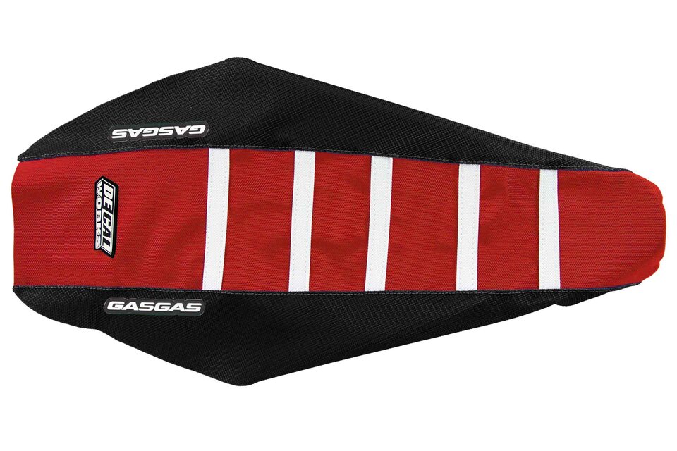 DeCal Works Black Red White with GasGas logo Gripper Ribbed Seat Covers for 21-23 GasGas EC, EX, EXF, MC, MCF