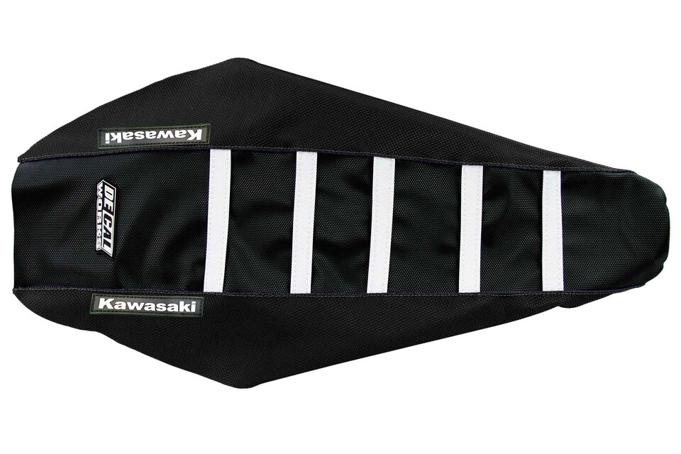 DeCal Works Black Black White with Kawasaki logo Gripper Ribbed Seat Covers for 16-18 Kawasaki KX450F dirt bikes