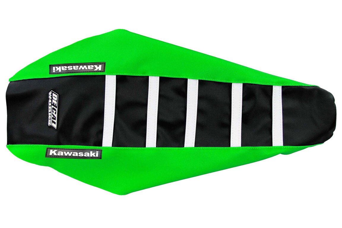 DeCal Works Green Black White with Kawasaki logo Gripper Ribbed Seat Covers for 00-25 Kawasaki, Suzuki KLX110, KX65, DRZ, RM65