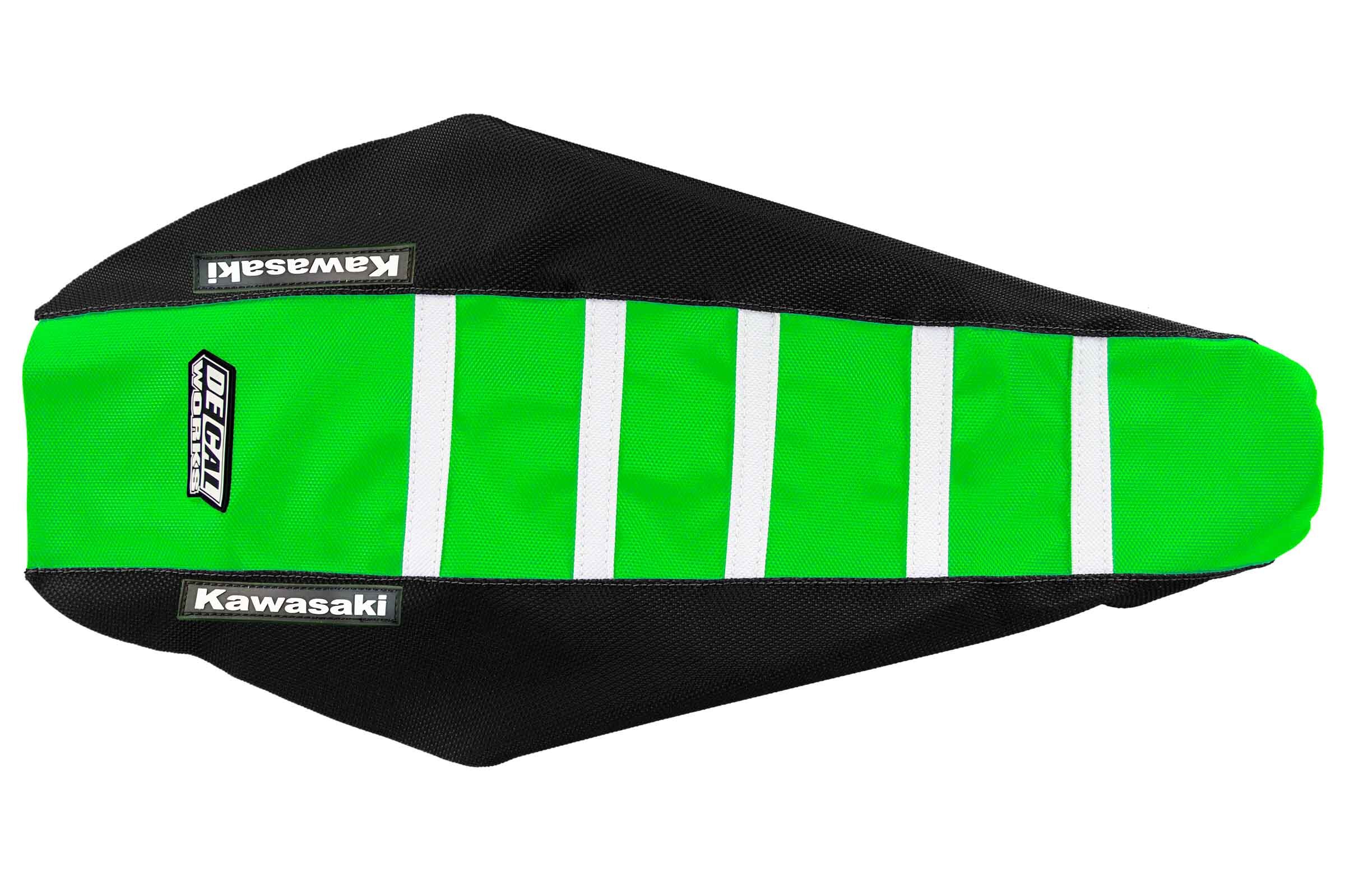 DeCal Works Black / Green / White Gripper Ribbed Seat Covers for Kawasaki  KX250F, KX250X, KX250XC, KX450F, KX450SR, KX450X, KX450XC | DeCal Works