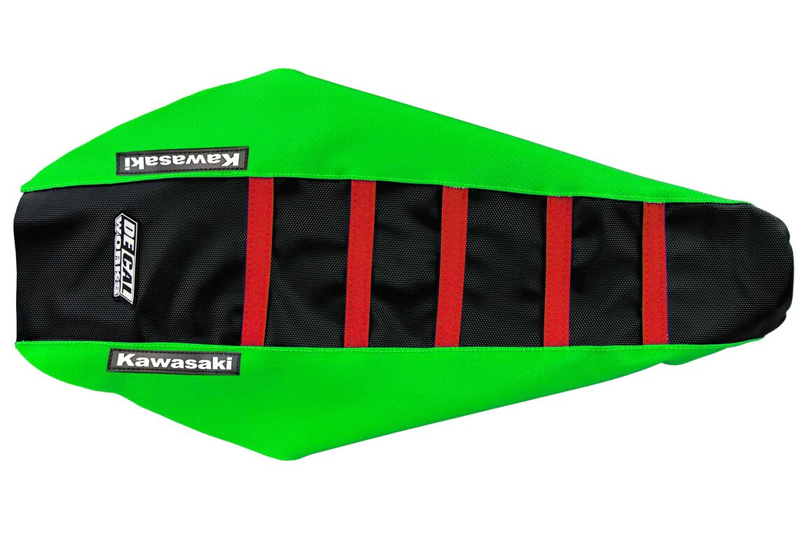 DeCal Works Green / Black / Red Gripper Ribbed Seat Covers for 12-16 Kawasaki KX250F, KX450F